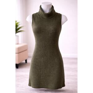 Interi Sleeveless Ribbed Turtleneck Tunic Dress Charcoal Gray Stretch Knit